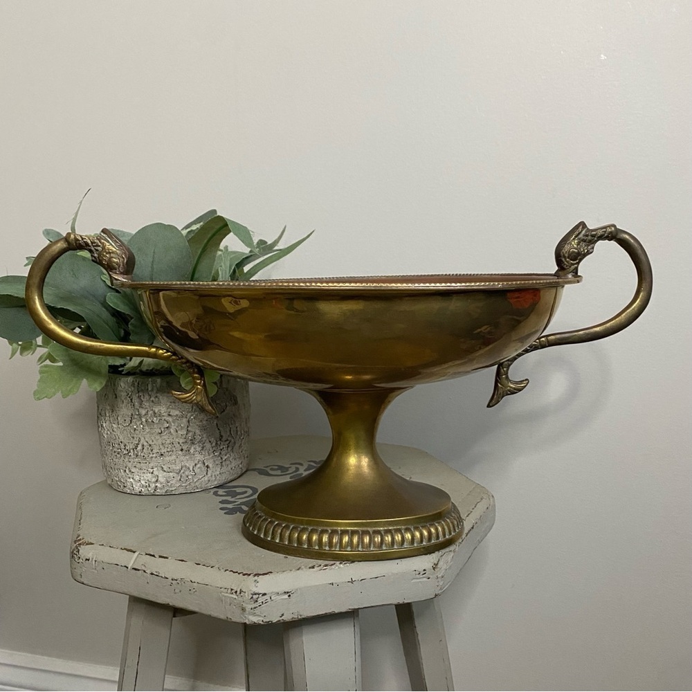 Vintage Brass Mid Century Hollywood  Regency Fish Serpent Handle Large Compote